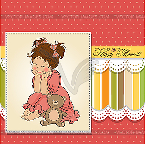 Little baby girl play with her teddy bear toy - vector image