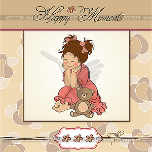 Little baby girl play with her teddy bear toy - vector clipart