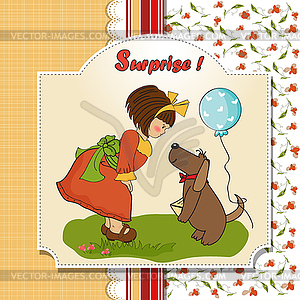 Young girl and her dog in wonderful birthday - vector clipart