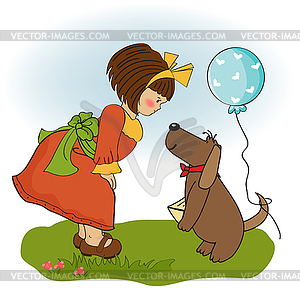 Young girl and her dog in wonderful birthday - vector image