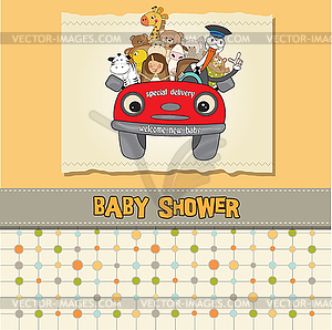 Funny stork delivers new little girl - vector image