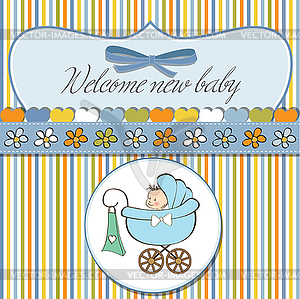 Baby boy announcement card with baby and pram - vector clipart