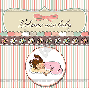 Baby shower card with little baby girl play with he - vector image