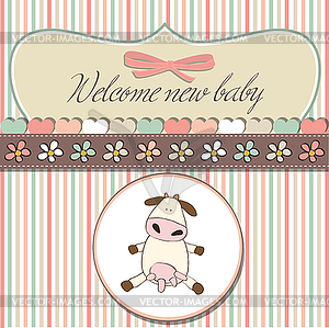 New baby girl announcement card with cow - vector clipart