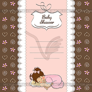 Baby shower card with little baby girl play with he - vector image