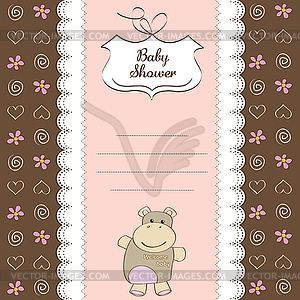 Childish baby girl announcement card with hippo toy - vector image