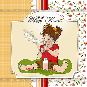 Funny lovely little girl blowing soap bubbles - vector clipart