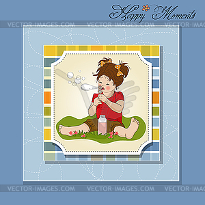 Funny lovely little girl blowing soap bubbles - vector clipart