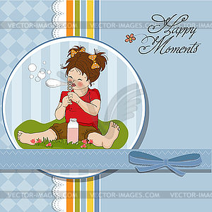 Funny lovely little girl blowing soap bubbles - vector image