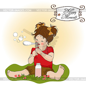 Funny lovely little girl blowing soap bubbles - vector image