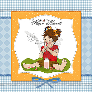 Funny lovely little girl blowing soap bubbles - vector clip art