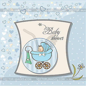 Baby boy announcement card with baby and pram - vector clipart