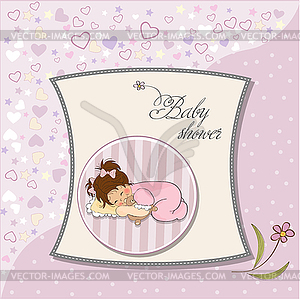 Baby shower card with little baby girl play with he - vector clipart