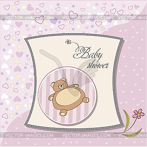 Romantic baby girl announcement card with teddy bear - vector image