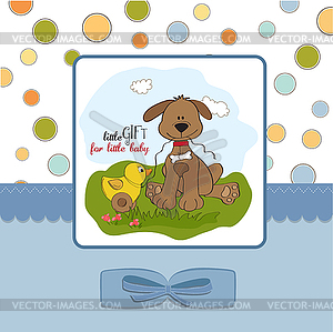 Baby shower card with dog and duck toy - vector image