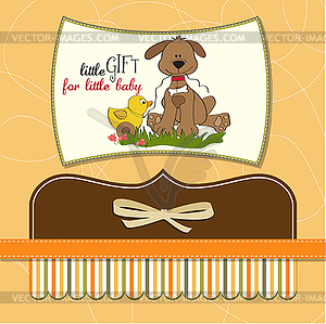 Baby shower card with dog and duck toy - vector clip art