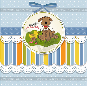 Baby shower card with dog and duck toy - vector image