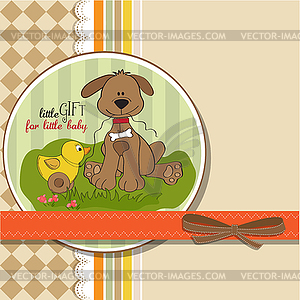 Baby shower card with dog and duck toy - vector clipart