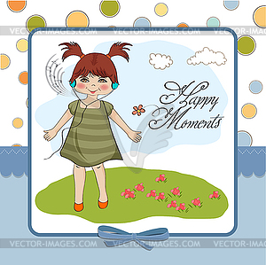 Young girl listening to music on headphones and - vector clipart