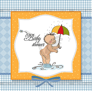 Baby boy shower card with funny baby under his - vector clip art