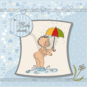 Baby boy shower card with funny baby under his - vector clipart