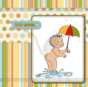 Baby boy shower card with funny baby under his - vector image