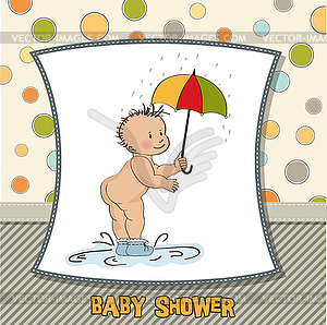 Baby boy shower card with funny baby under his - vector EPS clipart