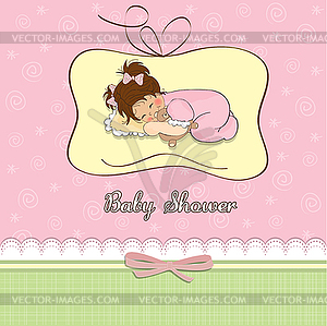 Baby shower card with little baby girl play with he - vector image