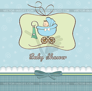 Baby boy announcement card with baby and pram - vector clip art