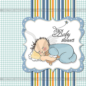 Baby shower card with little baby boy sleep with hi - vector image