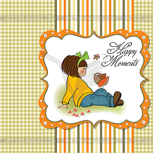 Cute young girl talking to little bird - vector clipart