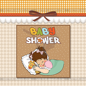 Baby shower card with little girl and her toy - vector image