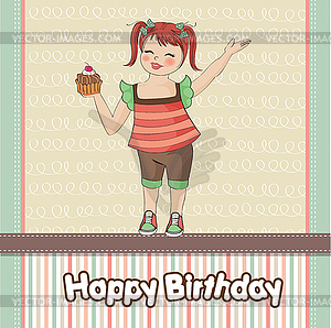 Birthday greeting card with girl and big cupcake - vector clip art