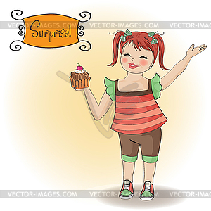 Birthday greeting card with girl and big cupcake - vector clipart