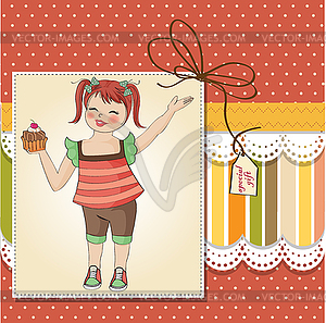 Birthday greeting card with girl and big cupcake - vector image