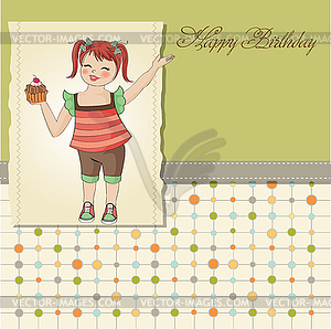 Поздравительная открытка с девушкой и большой кекс - изображение в векторе