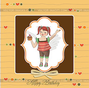 Birthday greeting card with girl and big cupcake - vector clipart