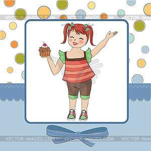 Birthday greeting card with girl and big cupcake - vector image