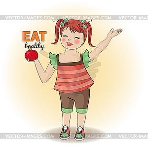 Pretty young girl recommends healthy food - vector image