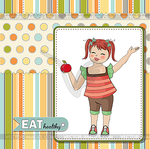 Pretty young girl recommends healthy food - vector clipart