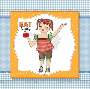 Pretty young girl recommends healthy food - vector image
