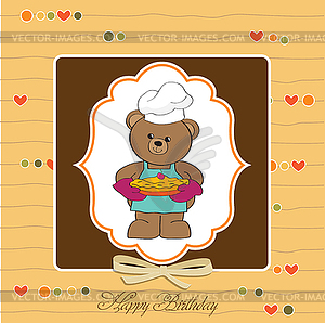 Teddy bear with pie. birthday greeting card - vector clip art