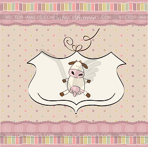 New baby girl announcement card with cow - vector image