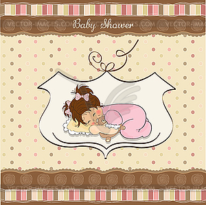 Baby shower card with little baby girl play with he - vector EPS clipart