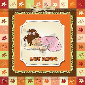 Baby shower card with little baby girl play with he - vector image