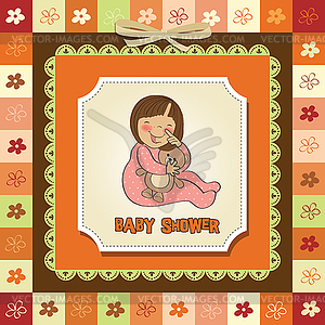 Little baby girl play with her teddy bear toy - vector clipart