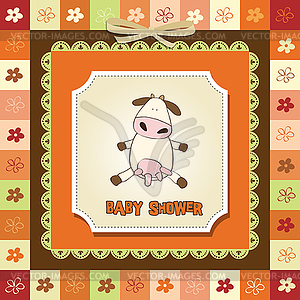 New baby girl announcement card with cow - vector clipart