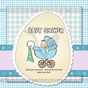 Baby boy announcement card with baby and pram - vector image