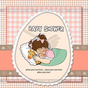 Baby shower card with little girl and her toy - vector clip art