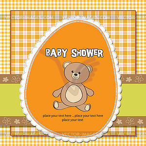 Baby shower card with teddy bear toy - vector image